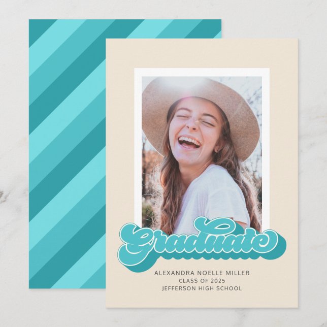 Retro Vibes (Teal) Photo Graduation Announcement (Front/Back)