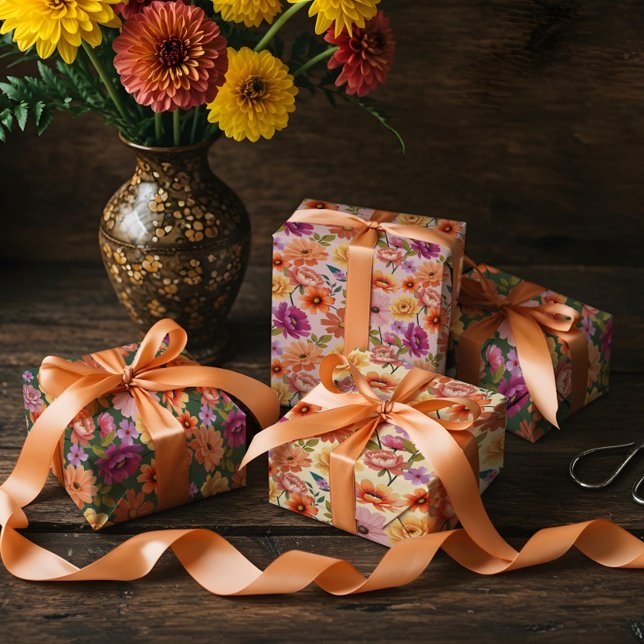 Retro Vibrant Botanical Floral & Foliage Pattern Wrapping Paper Sheet (Retro Vibrant Botanical Floral & Foliage Pattern Wrapping Paper Sheets)