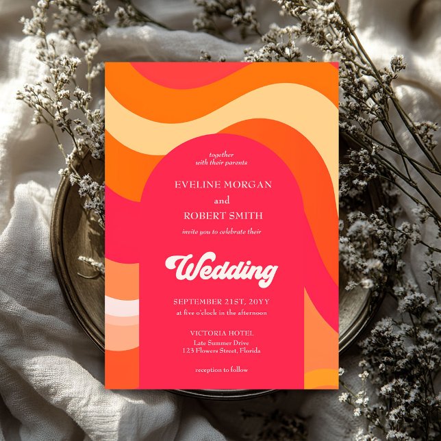 Retro vibrant colours waves groovy font wedding invitation (Retro vibrant colors waves groovy font wedding invitation)