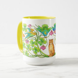 Retro Victorian Era Cat, Clover & Birds Mug