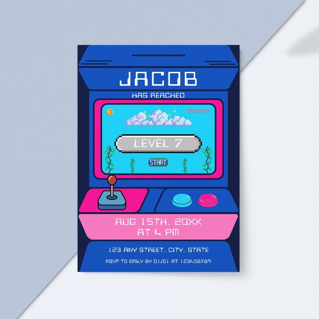 Retro Video Game Arcade Birthday Party Invitation (Retro Arcade Video Game Birthday Party Invitation Boy's Level Up Birthday)