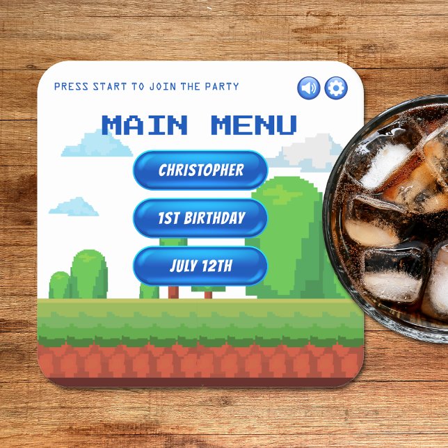 Retro Video Game Menu 1st Birthday Party Square Paper Coaster (Creator Uploaded)