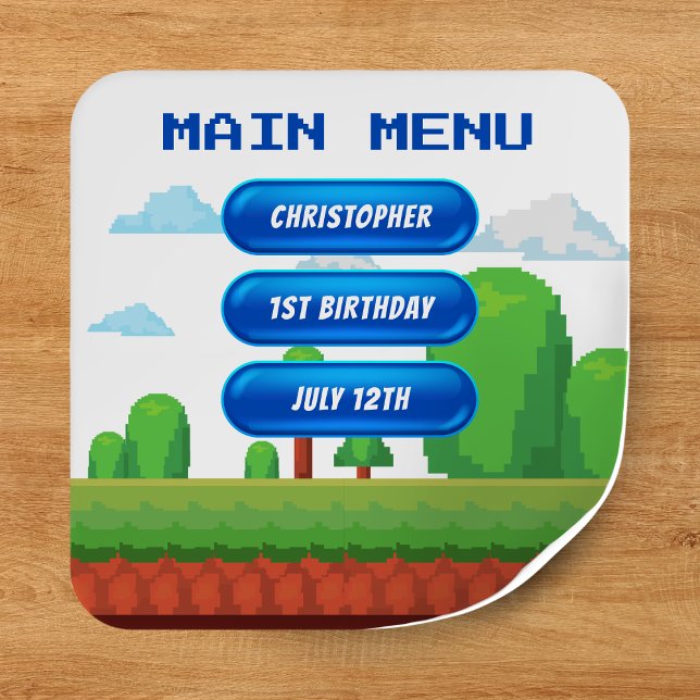 Retro Video Game Menu 1st Birthday Party Square Sticker (Retro Video Game Menu 1st Birthday Party Square Sticker
)