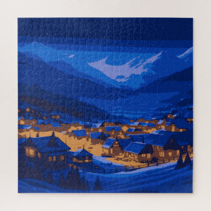 Retro Village Mountain Blue Gold Landscape Jigsaw Puzzle