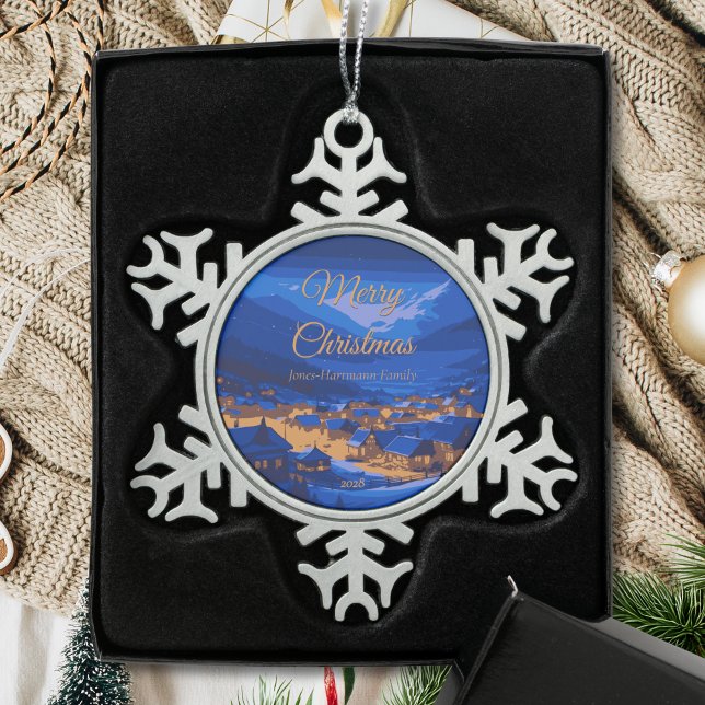 Retro Village Mountain Blue Gold Landscape  Snowflake Pewter Christmas Ornament (Creator Uploaded)