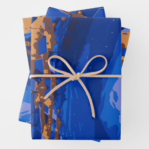 Retro Village Mountain Blue Gold Landscape  Wrapping Paper Sheet