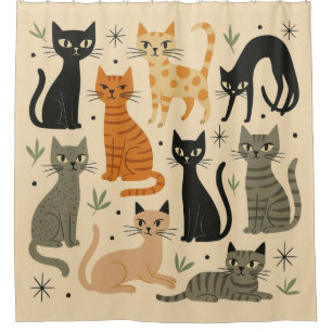 Retro Vintage 1950s Cat Pattern Shower Curtain