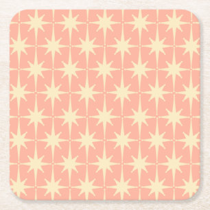 Retro Vintage 50s Atomic Star Pattern Blush Pink Square Paper Coaster