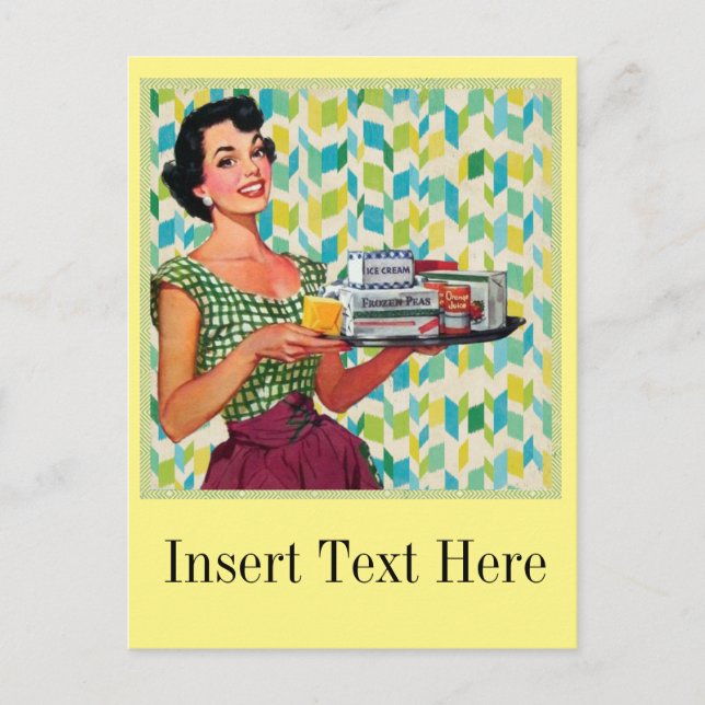 Retro Vintage 50's Housewife Holding Food Postcard (Front)