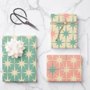 Retro Vintage 50s Star Pattern Mint Green and Pink Wrapping Paper Sheet