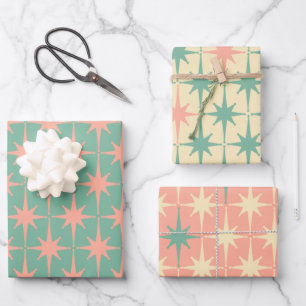Retro Vintage 50s Star Patterns in Teal Mint Blush Wrapping Paper Sheet