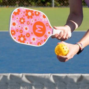 Retro Vintage 70s Daisy Orange Pink Personalised Pickleball Paddle