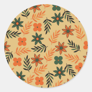 Retro Vintage 70s Floral Flower Leaves Pattern Classic Round Sticker