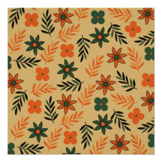 Retro Vintage 70s Floral Flower Leaves Pattern Poster