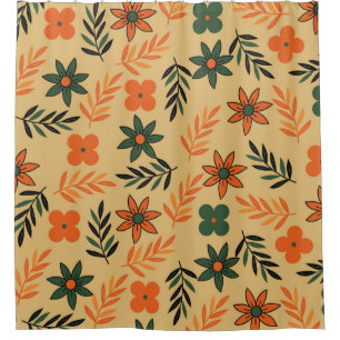 Retro Vintage 70s Floral Flower Leaves Pattern Shower Curtain