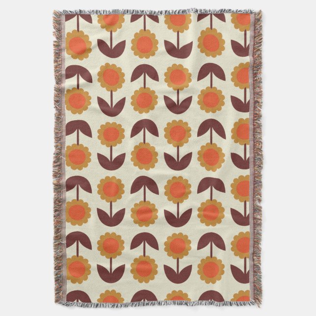 Retro Vintage 70s Floral Pattern Orange and Brown Throw Blanket (Front Vertical)
