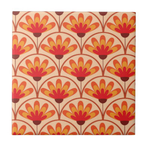 Retro Vintage Abstract Flowers on Scallop Shapes Ceramic Tile