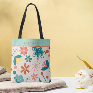 Retro Vintage Abstract Pattern Floral Sage green Tote Bag