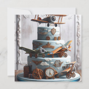 RETRO VINTAGE AIRPLANE THEMED BIRTHDAY CAKE  INVITATION