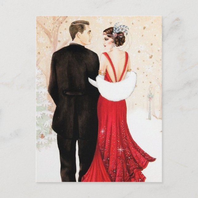 Retro vintage art deco Christmas couple Holiday Postcard (Front)