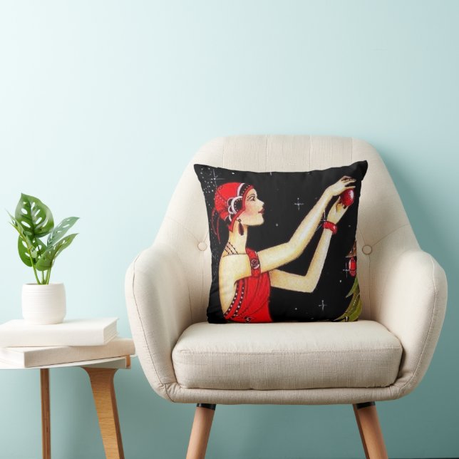 retro vintage art deco Christmas Throw Pillow (Chair)