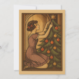 Retro Vintage Art Deco Christmas Tree Girl Holiday Card