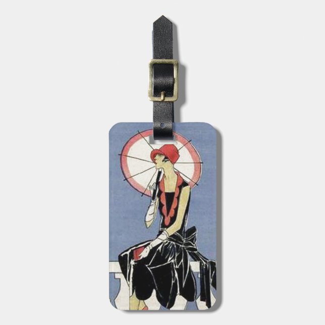 Retro Vintage Art Deco Lady Umbrella Luggage Tag (Front Vertical)