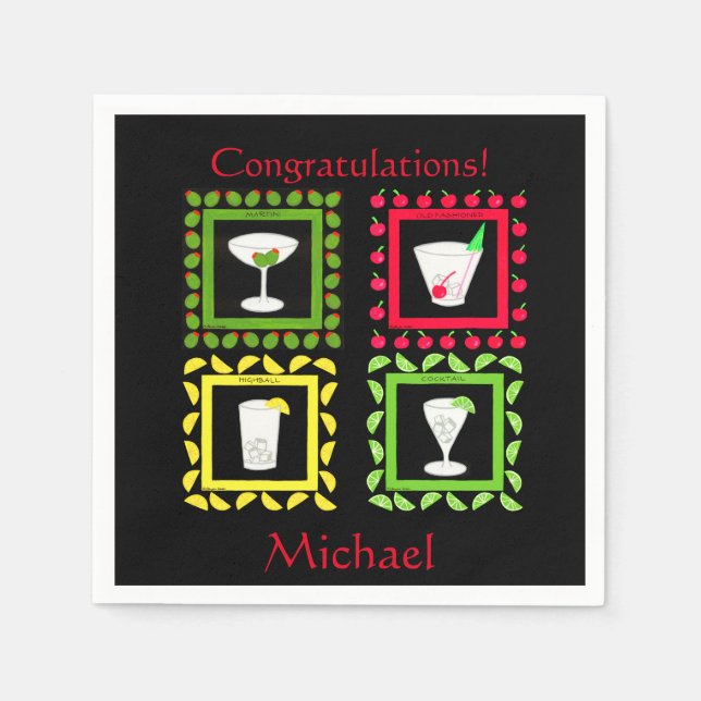 Retro Vintage Art Martini, Old Fashioned, Highball Napkin (Front)