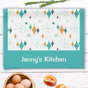 Retro Vintage Atomic Starburst Pattern Custom Name Tea Towel