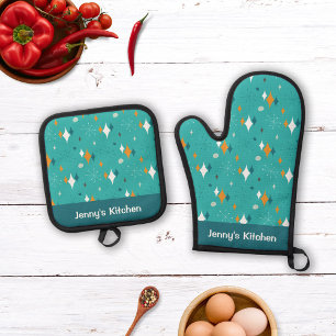 Retro Vintage Atomic Starburst Teal Pattern Name Oven Mitt & Pot Holder Set