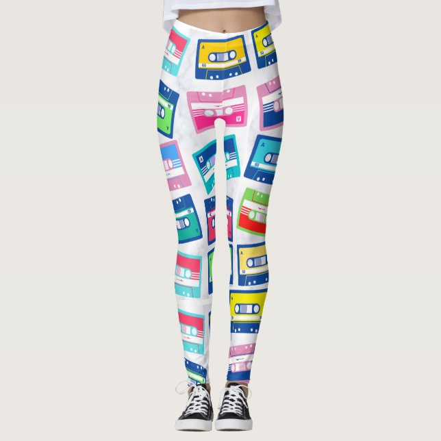 Retro Vintage Audio Tape Cassette Pattern Leggings (Front)