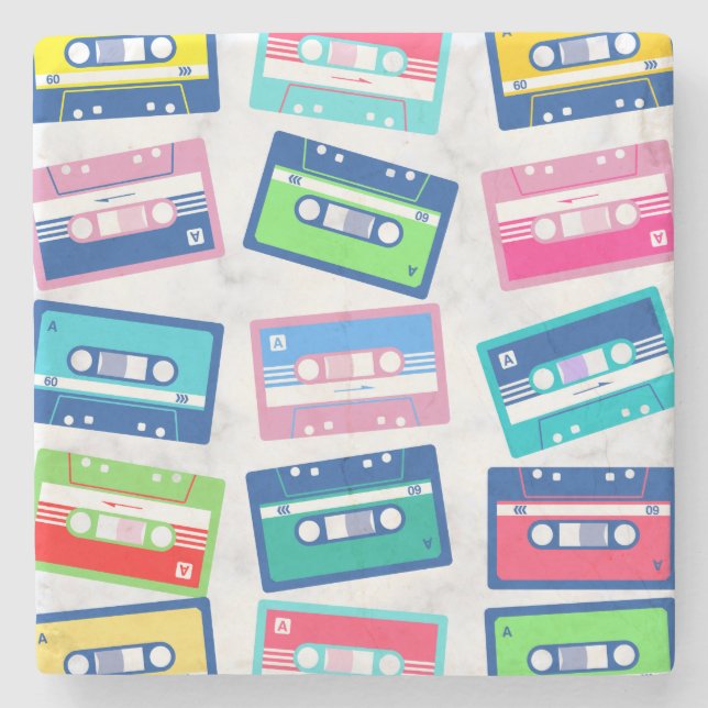 Retro Vintage Audio Tape Cassette Pattern Stone Coaster (Front)