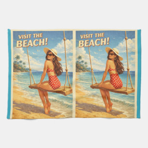 Retro Vintage Bathing Beauty Thunder_Cove Tea Towel