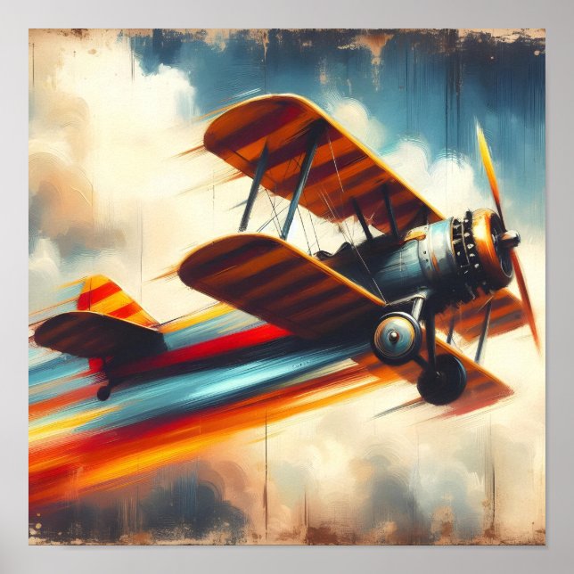 Retro Vintage Biplane Oil Painting Poster (Front)
