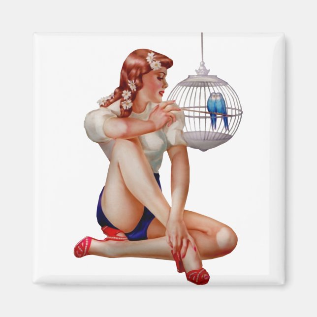 Retro Vintage Bird Cage Pinup Girl Magnet (Front)