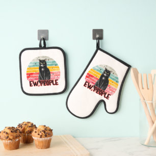 Retro Vintage Black Cat Ew People Oven Mitt & Pot Holder Set