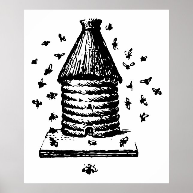 Retro Vintage Black & White Bee Hive & Bees Poster (Front)