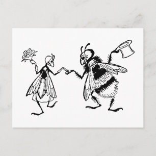 Retro Vintage Black & White Cute Funny Bug Wedding Postcard
