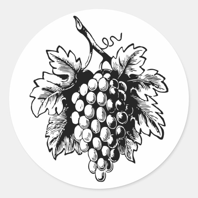 Retro Vintage Black & White Tasty Bunch of Grapes Classic Round Sticker (Front)