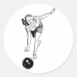 Retro Vintage Black & White Ten Pin Bowling Woman Classic Round Sticker