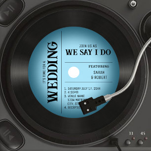 Retro Vintage Blue Vignette Vinyl Record Wedding Invitation