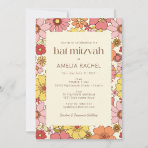 Retro Vintage Boho Pink Yellow Floral Bat Mitzvah Invitation