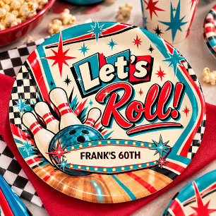 Retro Vintage Bowling Let's Roll 60th Birthday Paper Plate