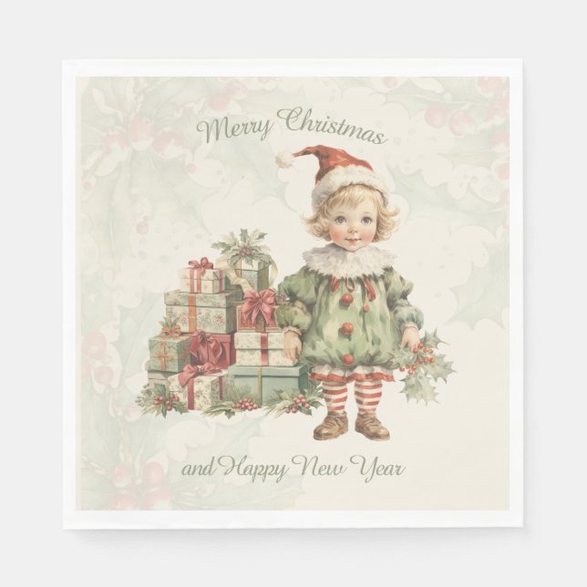 Retro Vintage Boy Christmas Gifts Holly Napkin (Front)