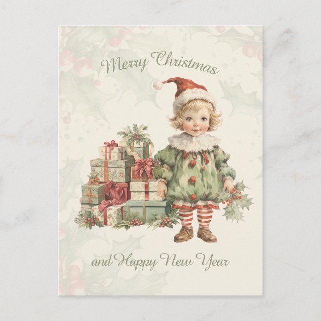 Retro Vintage Boy Christmas Gifts Holly Postcard (Front)