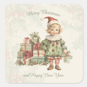 Retro Vintage Boy Christmas Gifts Holly Square Sticker