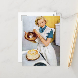 retro vintage cake baking lady postcard