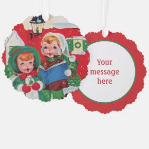 retro vintage caroling kids add message tree decoration card