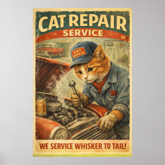 Retro Vintage Cat Mechanic Poster Wall Art