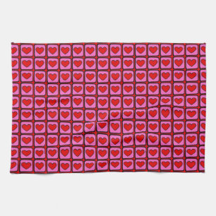 Retro Vintage Chequered Heart Y2K Pattern Tea Towel